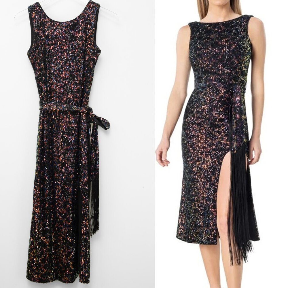 Dress The Population Karlie Dress Midi Sequin Tie Waist Fringe Black Size Small
